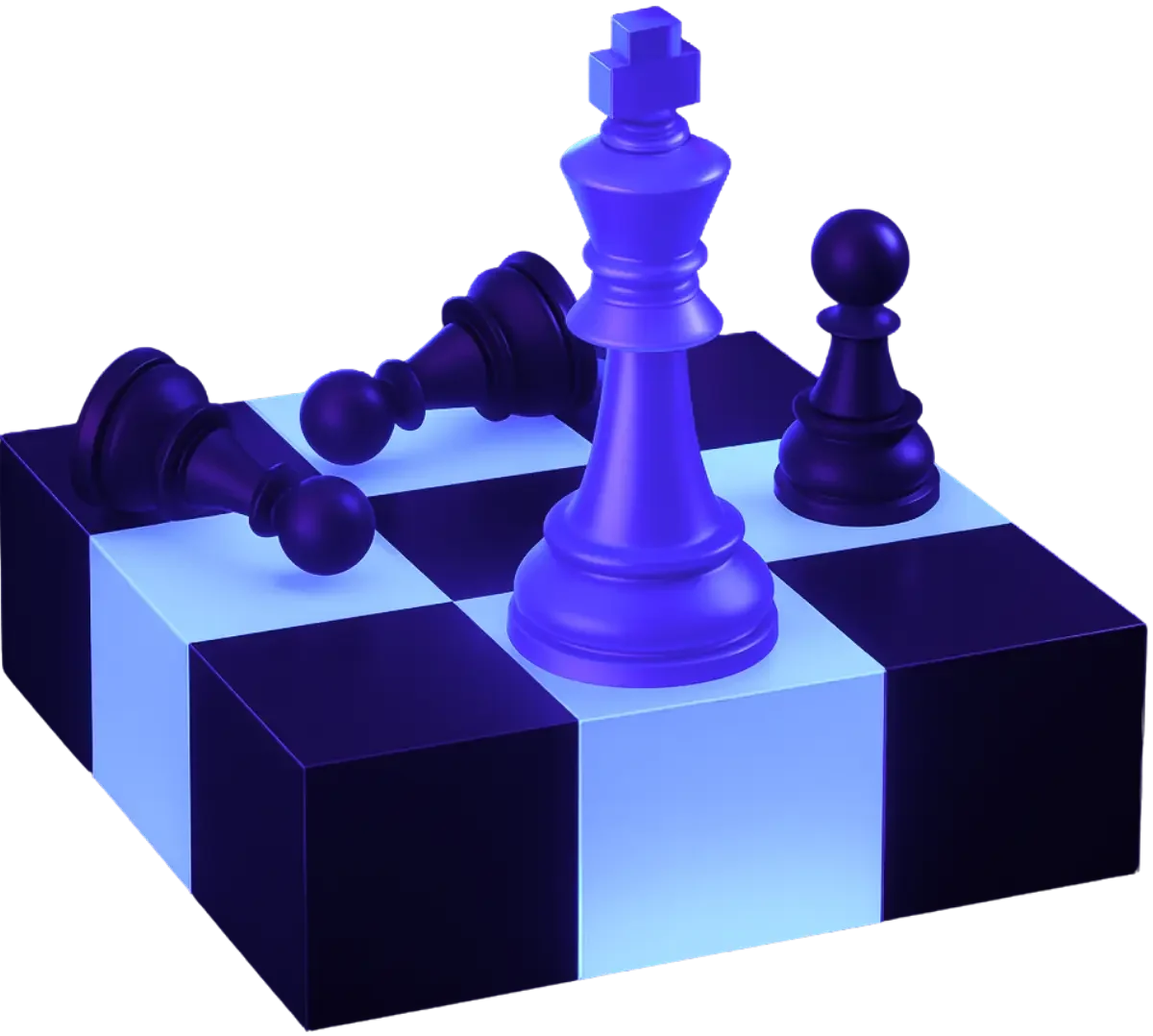 3D-Schachfiguren auf schwebendem Schachbrett, stilisiert in Violett und Schwarz
