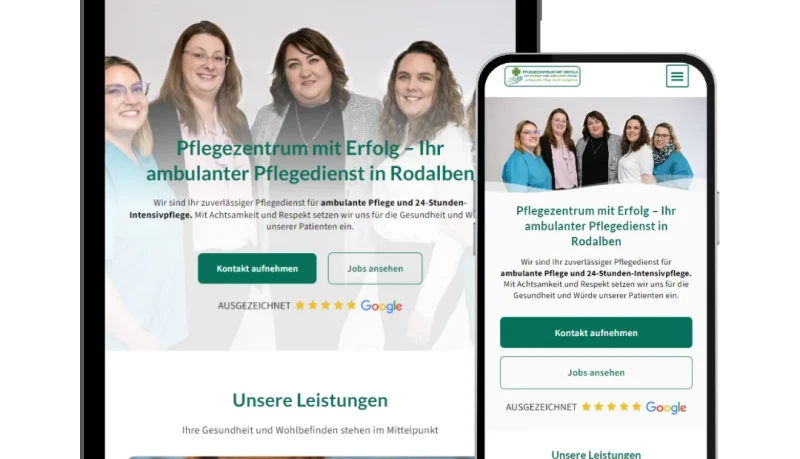 Mockup einer responsiven Website für das Pflegezentrum mit Erfolg, gestaltet von Cinelex Media, Webdesign-Agentur aus Kaiserslautern.