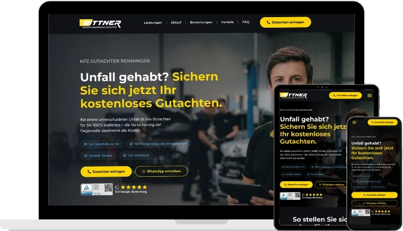 Mockup einer responsiven Website für KFZ Gutachter Bittner in Renningen, erstellt von Cinelex Media aus Kaiserslautern.